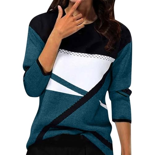 KILOXYEFRO Pullover Damen Pullover Damen Langarm Sweatshirt Basic Rundhals Langarmshirt geometrischem Druck Longshirt Lose Casual Oberteil Winter Baumwolle Pulli (b-Dark Blue, L) von KILOXYEFRO
