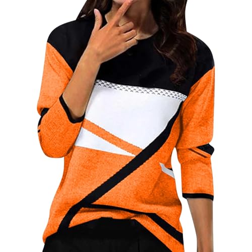 KILOXYEFRO Damen Pullover Pullover Damen Langarm Sweatshirt Basic Rundhals Langarmshirt geometrischem Druck Longshirt Lose Casual Oberteil Winter Baumwolle Pulli (b-Orange, S) von KILOXYEFRO