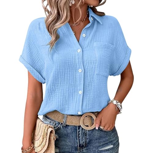 KILOXYEFRO Hemdbluse Damen Musselin Bluse Damen Elegant Tuniken Sommer V-Ausschnitt Oberteile Kurzarm Leinenbluse Longbluse Oversized Hemdbluse Lässig Leinen Hemd S von KILOXYEFRO