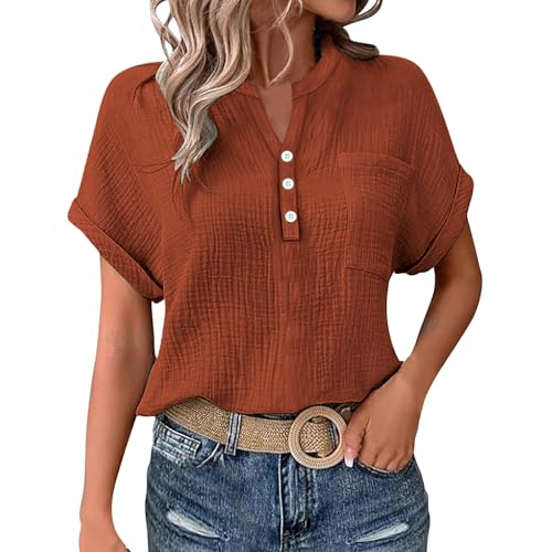 KILOXYEFRO Hemdbluse Damen Musselin Bluse Damen Elegant Tuniken Sommer V-Ausschnitt Oberteile Kurzarm Leinenbluse Longbluse Oversized Hemdbluse Lässig Leinen Hemd S von KILOXYEFRO