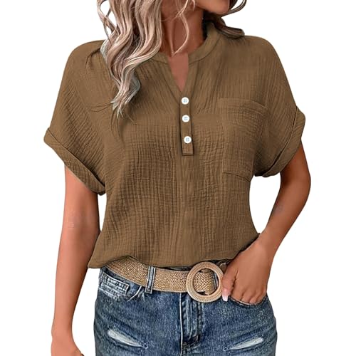 KILOXYEFRO Musselin Shorts Damen Musselin Bluse Damen Elegant Tuniken Sommer V-Ausschnitt Oberteile Kurzarm Leinenbluse Longbluse Oversized Hemdbluse Lässig Leinen Hemd XL von KILOXYEFRO