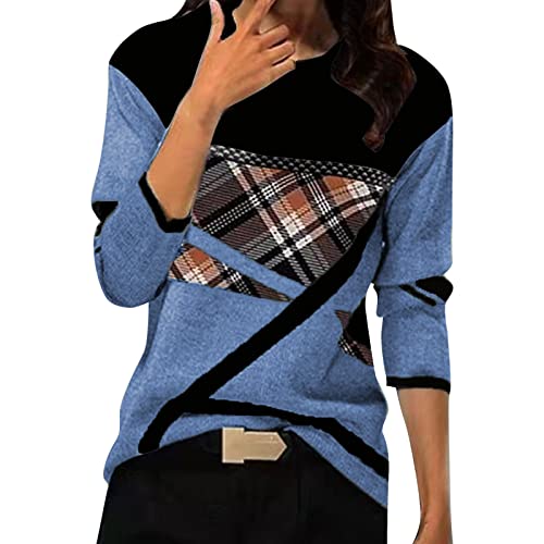 KILOXYEFRO Pullover für Damen Pullover Damen Langarm Sweatshirt Basic Rundhals Langarmshirt geometrischem Druck Longshirt Lose Casual Oberteil Winter Baumwolle Pulli (c-Blue, L) von KILOXYEFRO