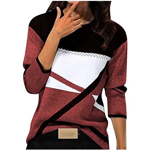 KILOXYEFRO Pullover Damen Herbst Pullover Damen Langarm Sweatshirt Basic Rundhals Langarmshirt geometrischem Druck Longshirt Lose Casual Oberteil Winter Baumwolle Pulli (d-Red, XXXL) von KILOXYEFRO