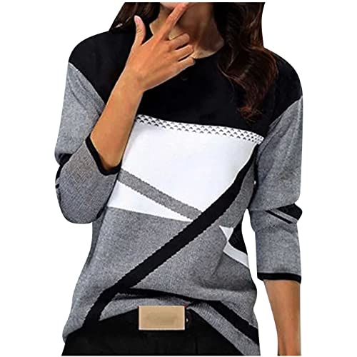 KILOXYEFRO Pulli Damen Pullover Damen Langarm Sweatshirt Basic Rundhals Langarmshirt geometrischem Druck Longshirt Lose Casual Oberteil Winter Baumwolle Pulli (d-Black, XL) von KILOXYEFRO