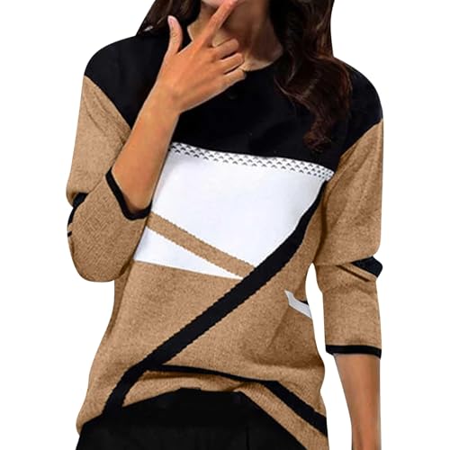 KILOXYEFRO Rollkragenpullover Damen Pullover Damen Langarm Sweatshirt Basic Rundhals Langarmshirt geometrischem Druck Longshirt Lose Casual Oberteil Winter Baumwolle Pulli (e-Beige, L) von KILOXYEFRO