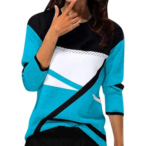 KILOXYEFRO Rollkragenpullover Damen Pullover Damen Langarm Sweatshirt Basic Rundhals Langarmshirt geometrischem Druck Longshirt Lose Casual Oberteil Winter Baumwolle Pulli (b-Sky Blue, M) von KILOXYEFRO