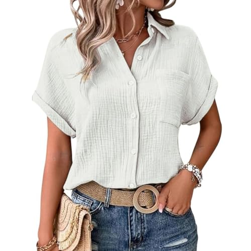 KILOXYEFRO Tshirt Damen Sommer Musselin Bluse Damen Elegant Tuniken Sommer V-Ausschnitt Oberteile Kurzarm Leinenbluse Longbluse Oversized Hemdbluse Lässig Leinen Hemd 5XL von KILOXYEFRO