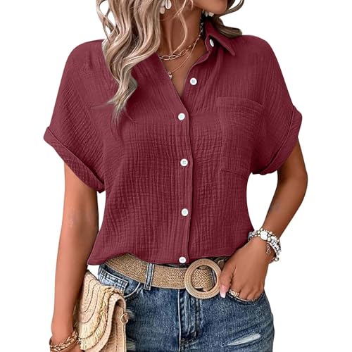 KILOXYEFRO Tshirt Damen Sommer Musselin Bluse Damen Elegant Tuniken Sommer V-Ausschnitt Oberteile Kurzarm Leinenbluse Longbluse Oversized Hemdbluse Lässig Leinen Hemd XXL von KILOXYEFRO