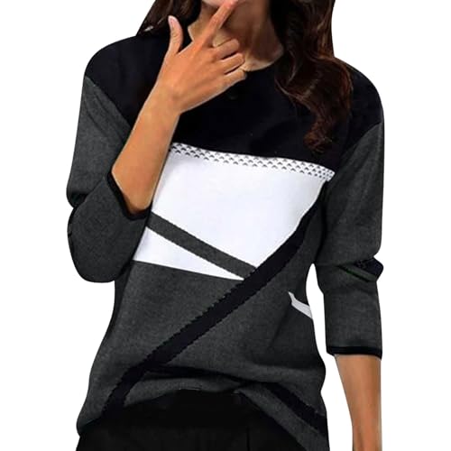 KILOXYEFRO Damen Pullover Pullover Damen Langarm Sweatshirt Basic Rundhals Langarmshirt geometrischem Druck Longshirt Lose Casual Oberteil Winter Baumwolle Pulli (e-Dark Gray, L) von KILOXYEFRO