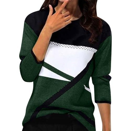 KILOXYEFRO Pullover für Damen Pullover Damen Langarm Sweatshirt Basic Rundhals Langarmshirt geometrischem Druck Longshirt Lose Casual Oberteil Winter Baumwolle Pulli (b-Green, XL) von KILOXYEFRO