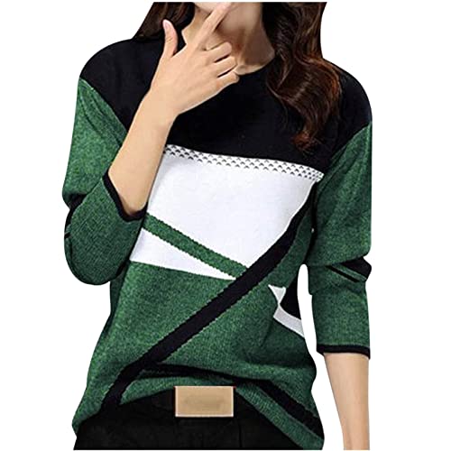 KILOXYEFRO Weihnachtspullover Damen Pullover Damen Langarm Sweatshirt Basic Rundhals Langarmshirt geometrischem Druck Longshirt Lose Casual Oberteil Winter Baumwolle Pulli (d-Green, XL) von KILOXYEFRO