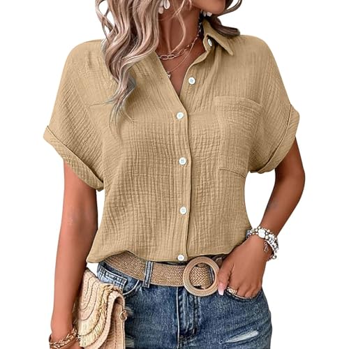 T Shirt Damen Musselin Bluse Damen Elegant Tuniken Sommer V-Ausschnitt Oberteile Kurzarm Leinenbluse Longbluse Oversized Hemdbluse Lässig Leinen Hemd 3XL von KILOXYEFRO