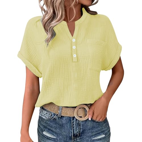 T-Shirt Damen Musselin Bluse Damen Elegant Tuniken Sommer V-Ausschnitt Oberteile Kurzarm Leinenbluse Longbluse Oversized Hemdbluse Lässig Leinen Hemd M von KILOXYEFRO