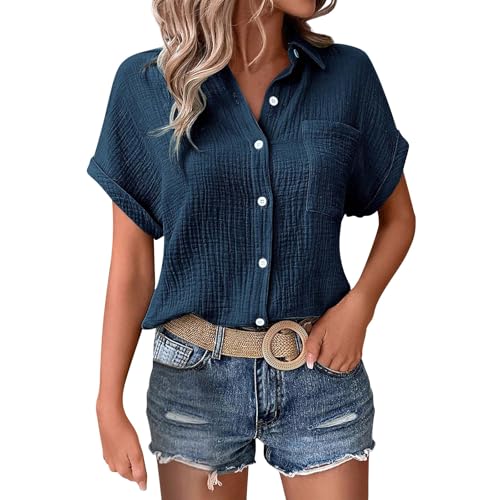 T Shirt Damen Musselin Bluse Damen Elegant Tuniken Sommer V-Ausschnitt Oberteile Kurzarm Leinenbluse Longbluse Oversized Hemdbluse Lässig Leinen Hemd XXL von KILOXYEFRO
