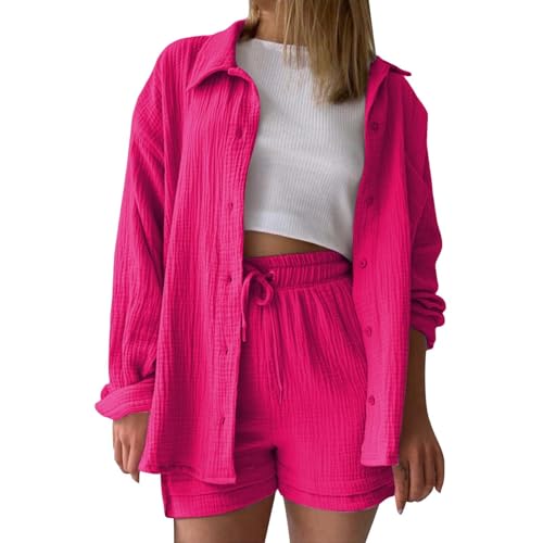 Zweiteiler Damen, musselin Bluse Damen leinen Shirt Zweiteiler Outfits Set 2 teiler Kleidung Oversized Loungewear für Clothes Pyjama elegant Summer Two Piece Kleid Suits von KILOXYEFRO