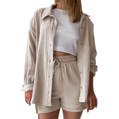 Zweiteiler Damen, musselin Bluse Damen leinen Shirt Zweiteiler Outfits Set 2 teiler Kleidung Oversized Loungewear für Clothes Pyjama elegant Summer Two Piece Kleid Suits von KILOXYEFRO