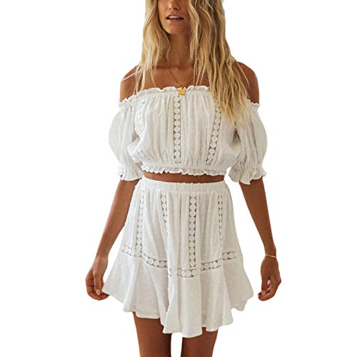 Damen Sexy Rock Outfit Weiß Schulterfrei Tops Shirts Bluse Boho Zweiteiliges Set Casual Strand Sexy Sommer Kleidung Süßes Kleid, weiß, XL von KILUS