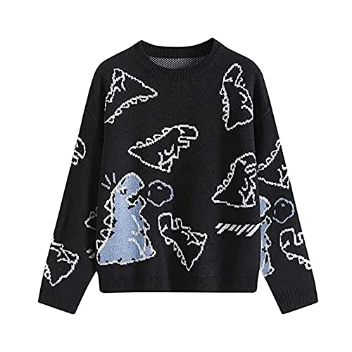 Damen Strickpullover Kawaii Vintage Dinosaurier Gedruckt Pullover Rundhals Lose Langarm Pullover Niedlich Y2K Sweatshirts, Schwarz , L von KILUS