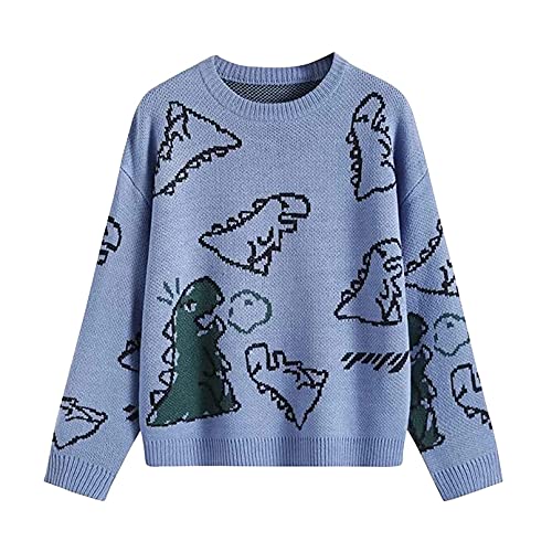 Damen Strickpullover Kawaii Vintage Dinosaurier Gedruckt Pullover Rundhals Lose Langarm Pullover Niedlich Y2K Sweatshirts, blau, S von KILUS