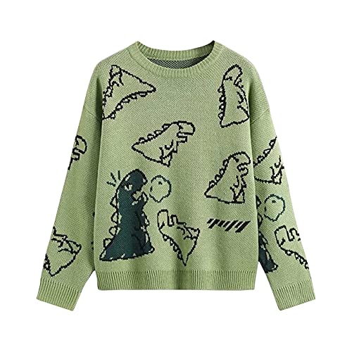 Damen Strickpullover Kawaii Vintage Dinosaurier Gedruckt Pullover Rundhals Lose Langarm Pullover Niedlich Y2K Sweatshirts, grün, L von KILUS