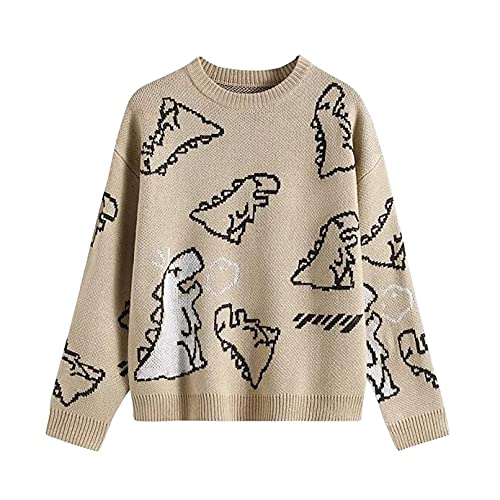 Damen Strickpullover Kawaii Vintage Dinosaurier Gedruckt Pullover Rundhals Lose Langarm Pullover Niedlich Y2K Sweatshirts, khaki, L von KILUS