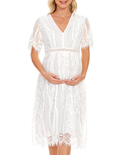 Boho Spitze V Ausschnitt Umstandskleid Empire Taille Umstandskleid Babyparty Sommer, White2.0, Groß von KIM S