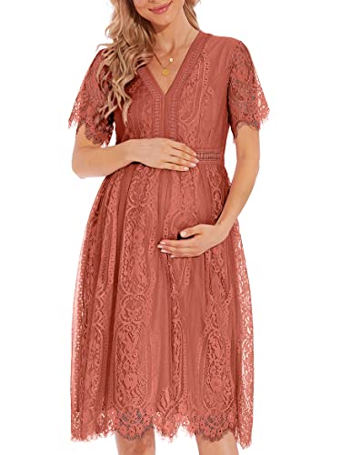 Boho Spitze V Ausschnitt Umstandskleid Kleider Empire Taille Umstandskleid Babyparty Sommer, Ziegelrot 2.0, Mittel von KIM S