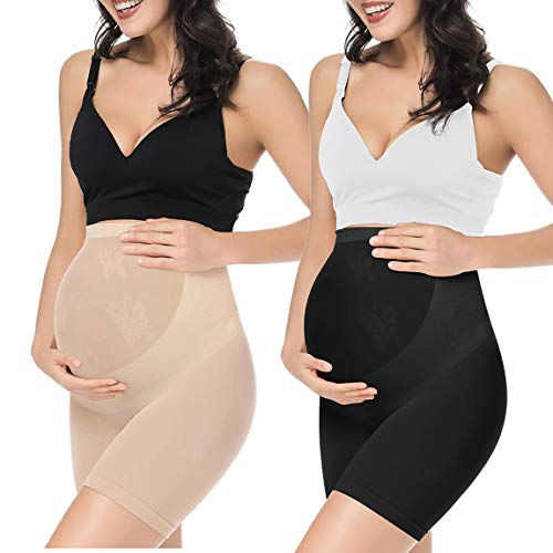 KIM S Damen Nahtlose Umstands-Shapewear für Kleider, mittlere Oberschenkel Schwangerschaft Unterwäsche, S-XXXL, E. 2 Stück (schwarz + hautfarben), XX-Large von KIM S