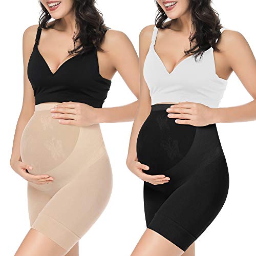 KIM S Damen Nahtlose Umstandsmode Shapewear für Kleider Mid-Thighs Schwangerschaft Unterwäsche, 2er-Pack (schwarz + hautfarben), Klein von KIM S