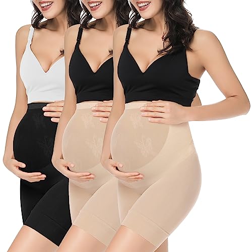 KIM S Damen Nahtlose Umstandsmode Shapewear für Kleider Mitte Oberschenkel Schwangerschaft Unterwäsche S-XXXL, F. 3er-Pack (schwarz + hautfarben + hautfarben), XL von KIM S