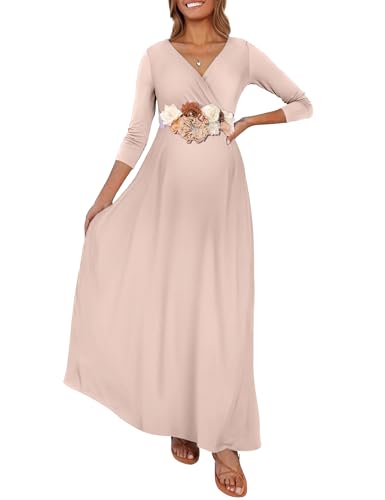 KIM S Umstands-Maxikleid mit Blumenschärpe (S-3XL) / gewickelter gerüschter V-Ausschnitt für Fotoshootings, Babypartys, Ltmocha, Mittel von KIM S