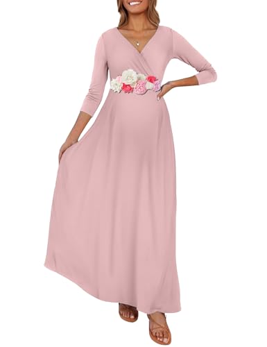KIM S Umstands-Maxikleid mit Blumenschärpe, gewickelter/gerüschter V-Ausschnitt für Fotoshootings, Babypartys, Größe S–3XL, rosa - Dusty pink, X-Groß von KIM S