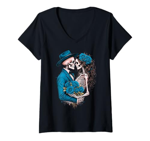 Damen Romantisches Skelett-Tag der Toten, Halloween T-Shirt mit V-Ausschnitt Damen Romantisches Skelett-Tag der Toten, Halloween T-Shirt mit V-Ausschnitt von KIM101DESIGN DAY OF THE DEAD DIA DE LOS MUERTOS