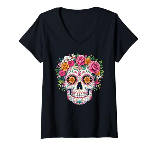 Damen Tag der Toten Blume Zucker Schädel DIA DE LOS MUERTOS T-Shirt mit V-Ausschnitt Damen Tag der Toten Blume Zucker Schädel DIA DE LOS MUERTOS T-Shirt mit V-Ausschnitt von KIM101DESIGN DAY OF THE DEAD DIA DE LOS MUERTOS