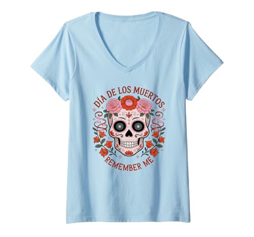 Damen Zuckerschädel mit Blumen LOS Muertos Remember ME Mexico Day T-Shirt mit V-Ausschnitt Damen Zuckerschädel mit Blumen LOS Muertos Remember ME Mexico Day T-Shirt mit V-Ausschnitt von KIM101DESIGN DAY OF THE DEAD DIA DE LOS MUERTOS