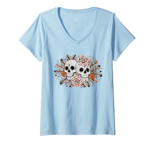 Damen Zuckerschädel mit Blumen Los Muertos Halloween Mexiko Tag T-Shirt mit V-Ausschnitt Damen Zuckerschädel mit Blumen Los Muertos Halloween Mexiko Tag T-Shirt mit V-Ausschnitt von KIM101DESIGN DAY OF THE DEAD DIA DE LOS MUERTOS