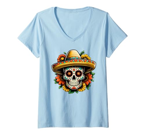 Damen Zuckerschädel mit Sombrero de Los Muertos Mexiko Tag T-Shirt mit V-Ausschnitt Damen Zuckerschädel mit Sombrero de Los Muertos Mexiko Tag T-Shirt mit V-Ausschnitt von KIM101DESIGN DAY OF THE DEAD DIA DE LOS MUERTOS