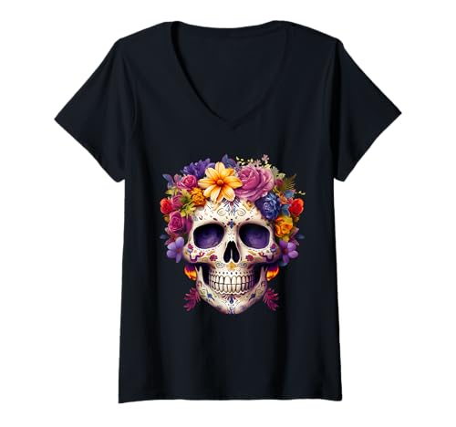 Damen Tag der Toten Blumenzucker Schädel DIA DE LOS MUERTOS MEXICO DAY T-Shirt mit V-Ausschnitt Damen Tag der Toten Blumenzucker Schädel DIA DE LOS MUERTOS MEXICO DAY T-Shirt mit V-Ausschnitt von KIM101DESIGN THANKSGIVING DAY OF DEAD