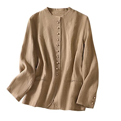 KIMCCI Blazer Für Damen,Baumwoll-Leinen-Blazer-Jacke Anzug Sommer Langarm Folk-Custom Cardigan Kragenlos Arbeit Casual Blazer Anzüge Jacke Für Damen Leichte Durchscheinende Anzugjacke,Khaki,L von KIMCCI