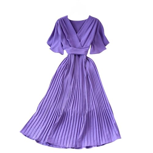 KIMCCI Sommerkleid Damen, Damen-Chiffon-Kleider, Elegant, Trendig, Kurzärmelig, V-Ausschnitt, Plissiert, Boho-Kleid, Taillenbindung, Midi-Swing-Kleid Für Formelle Hochzeit, Cocktail-Party-Kleid, Lila von KIMCCI