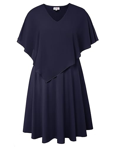 KIMCURVY Damen Große Größe Cape Chiffon Cocktailkleid V-Ausschnitt A-Line Knielang Abendkleid mit Overlay von KIMCURVY