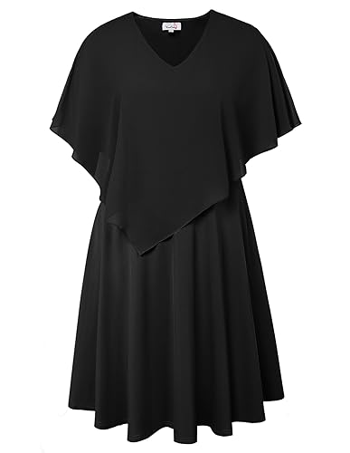 KIMCURVY Damen Große Größe Cape Chiffon Cocktailkleid V-Ausschnitt A-Line Knielang Abendkleid mit Overlay von KIMCURVY