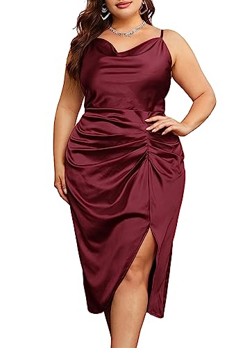 KIMCURVY Damen Große Größen Ärmellos Elegant Satin Bodycon Cocktailkleid Partykleid Weinrot von KIMCURVY