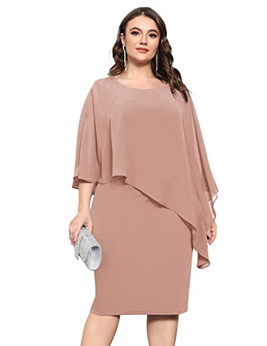 KIMCURVY Damen Große Größen Chiffon Cape Knielang Cocktailkleid Rosa XXL von KIMCURVY