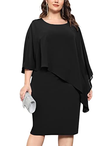 KIMCURVY Damen Große Größen Cocktailkleid mit Overlay Bodycon Knielang Midikleid Partykleid 42-44 Schwarz von KIMCURVY