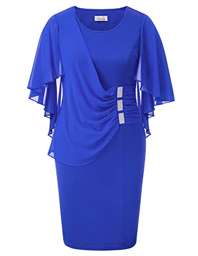 KIMCURVY Damen Kleid Kurzarm Casual O-Ausschnitt Tunika Kleider Midikleid Wickelkleid, Pfauenblau 42-44 von KIMCURVY