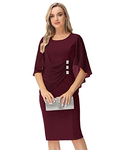 KIMCURVY Damen Plus Size Cape Chiffon Kleid Abend Bleistiftkleid für Hochzeit Cocktail Party mit Strass, Burgunder, XX-Large von KIMCURVY