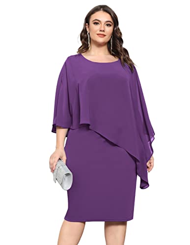 KIMCURVY Damen Vintage Rundhalsausschnitt Chiffon Cape Bestickt knielangen Cocktailkleid Violett M von KIMCURVY