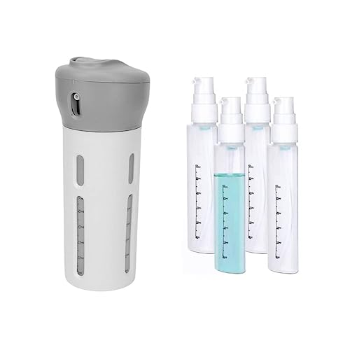 Tragbare 4-in-1 Kosmetik-Sprühflasche,Nachfüllbare Reiseflaschen, 4-in-1-Reisespender, Auslaufsicher, Nachfüllbarer Tragbarer Reisebehälter mit Aufkleber für Parfüm, Shampoo und Spülung (Grau) von KIMISS