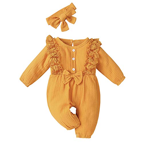 KIMODO Strampler + Stirnband Baumwolle und Leinen Einteiler Sommer Romper Bodysuit Baby Mädchen Jumpsuit Spitze Romper Outfits Playsuits Overall (A-Gelb, 0-3 Monate) von KIMODO Baby Mädchen